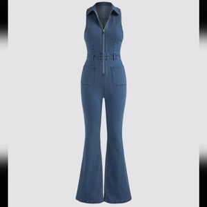 BRAND NEW M Denim Collar Flare Leg Jumpsuit